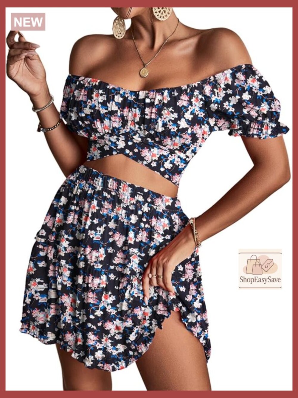 Floral Off Shoulder Two Piece Set Crop Top Mini Skirt Y2K Club Night Out